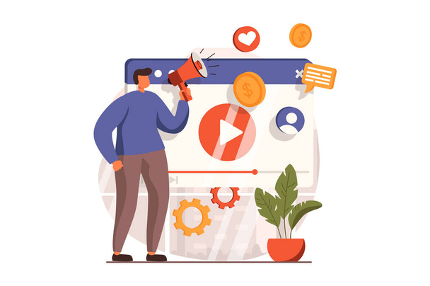 Marketing web concept in flat design. Man blogger with megaphone making advertising campaign using viral promo videos and attracting audience from social media. Vector illustration with people scene - Vektor, obrázek