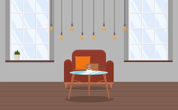 a large soft armchair in a stylish modern loft-style apartment with light bulbs - Wektor, obraz