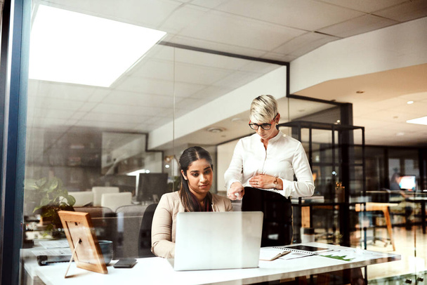 Daar moet je verandering in brengen. Opname van twee zakenvrouwen die samenwerken op een laptop in een kantoor. - Foto, afbeelding