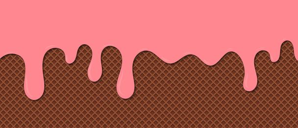 Chocolate ice cream melted on waffle background. cream melted on waffle background. Sweet ice cream flowing down on cone. Vector Illustration - Vector, Image