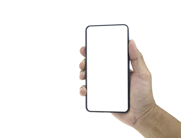 Hand holding smartphone isolated on white background - Фото, изображение