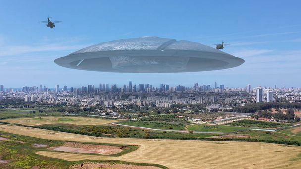 3D-Darstellung, Massive Ufo Fliegende Untertasse schwebt über Großstadt LuftbildDrohnenansicht über Tel Aviv City mit außerirdischem Raumschiff und Militärhubschraubern, Alien-Invasionskonzept3D-Illustration - Foto, Bild