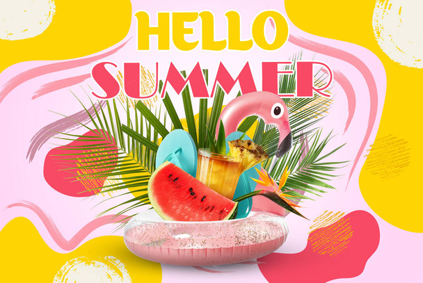 Collage with cocktail, inflatable ring, fruits, tropical leaves and text HELLO SUMMER - Φωτογραφία, εικόνα