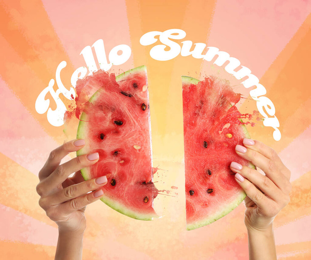 Female hands with pieces of juicy watermelon and text HELLO SUMMER on color background - Φωτογραφία, εικόνα