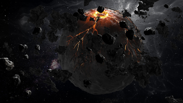 Тривимірне відображення глибокого космосу з вмираючою зіркою, лавою та астероїдами, що оточують, 3d ілюстрація
 - Фото, зображення