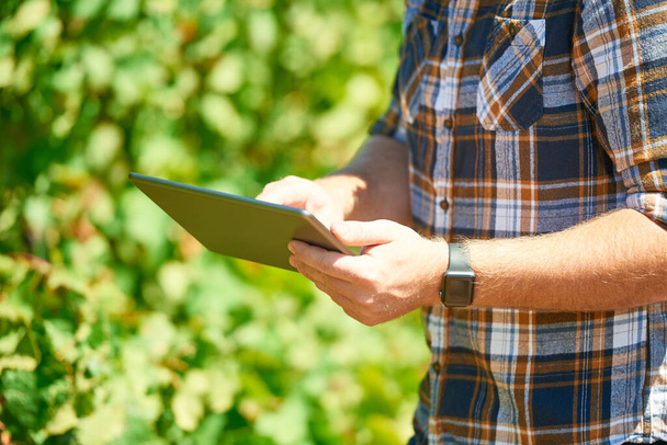 The digital revolution is changing the face of agriculture. Cropped shot of a farmer using a digital tablet while doing his rounds. - Fotografie, Obrázek