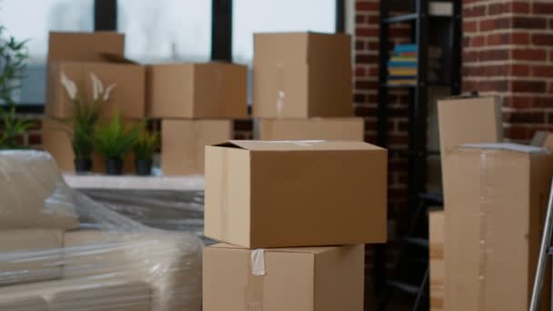 Nobody in living room flat full of cardboard carton boxes - Filmati, video