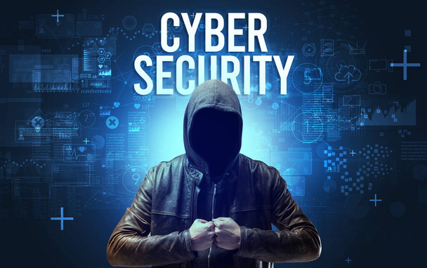 Faceless man with CYBER SECURITY inscription, online security concept - Foto, Imagen