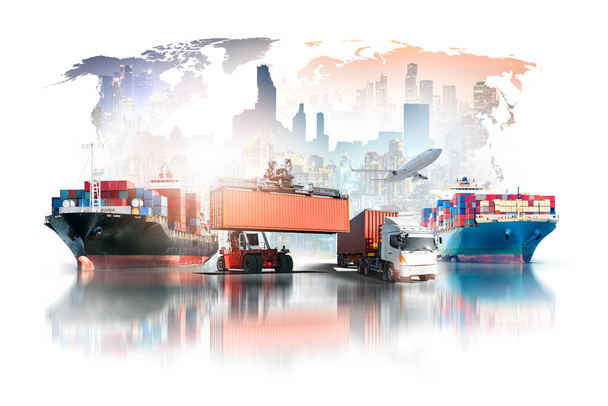 Global business logistics import export of containers cargo freight ship, container handler, truck and cargo airplane on world map city background with copy space, transportation industry concept - Fotografie, Obrázek