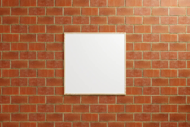 Minimalist hanging square wooden poster or photo frame mockup in brick wall. 3D Rendering. - Фото, изображение