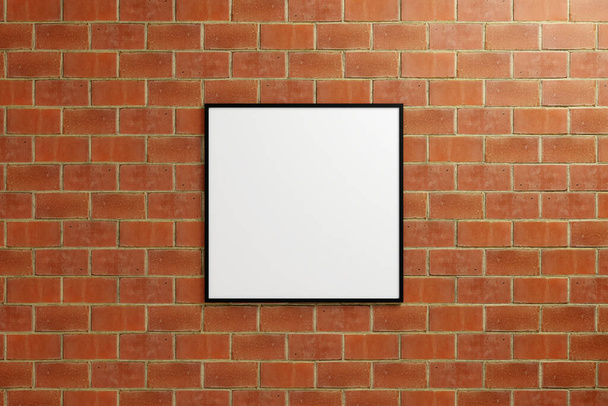 Minimalist hanging square black poster or photo frame mockup in brick wall. 3D Rendering. - Фото, изображение