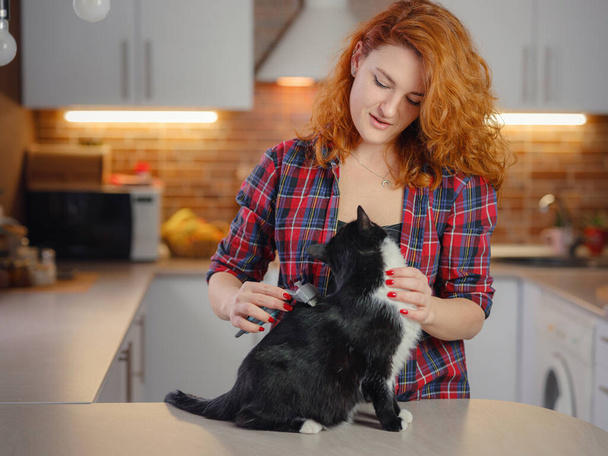 mujer gato aseo en casa con herramienta para derramar el pelo. medicina, mascotas, animales, cuidado de la salud y el concepto de personas. Aseo de animales, peinar el cabello, expresar la muda - Foto, Imagen