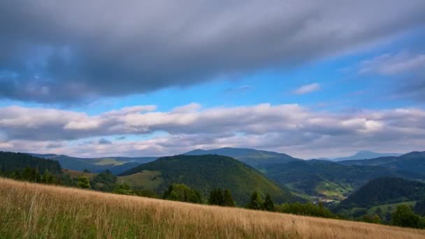 Venkovská krajina v Karpat s pohybujícími se hustými mraky, suchá travnatá louka. Doba běhu 4K - Záběry, video