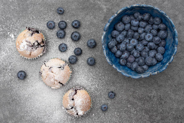 On top shot of a homemade blue clay bowl filled with fresh blueberries. Next to it are blueberry muffins sprinkled with powdered sugar. - Fotó, kép