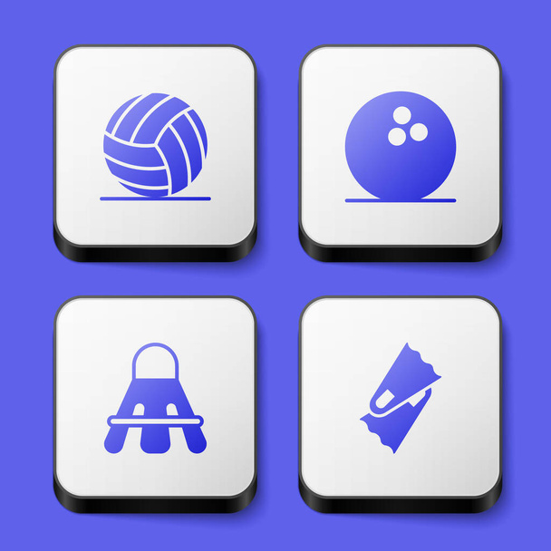 Set de voleibol, bolos, lanzadera de bádminton y aletas para el icono de la natación. Botón cuadrado blanco. Vector - Vector, imagen