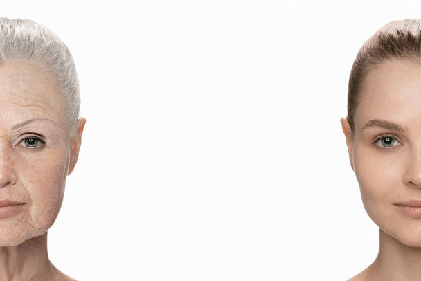 Pół-twarz portret pięknej kobiety z młodą gładką i starą pomarszczoną skórą. Przed i po. Proces starzenia się i odmładzania - Zdjęcie, obraz