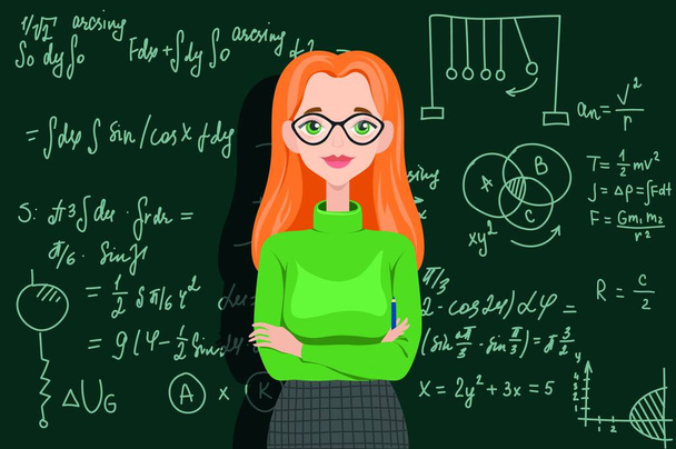 Female teacher standing near chalkboard in classroom - Vecteur, image