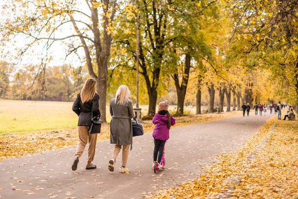 pojęcie rodziny, dzieciństwo, sezon i ludzie - rodzina szczęśliwy grając z jesieni pozostawia w parku - Zdjęcie, obraz