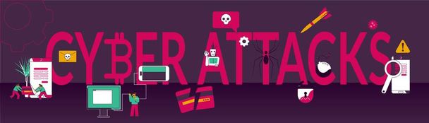 Horizontal black banner with cyber attacks text in red large letters and icons of hacker activity on computer systems and smartphone flat vector illustration - Vector, Image