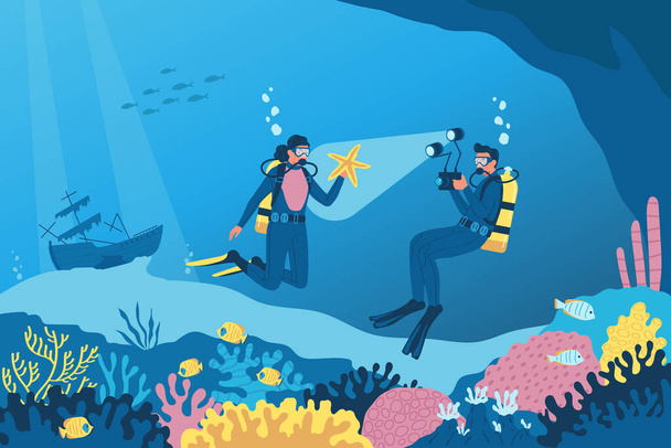 Conceito plano de mergulho com mergulhadores nadando submarino em recifes de coral ilustração vetorial - Vetor, Imagem