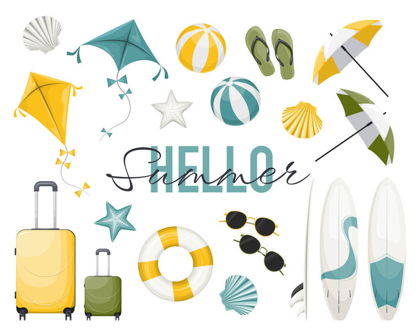 Set of yellow, green and turquoise summer beach icons with surfboards, baggage, seashells, beach balls, umbrella, kites and sign - Vector, Image