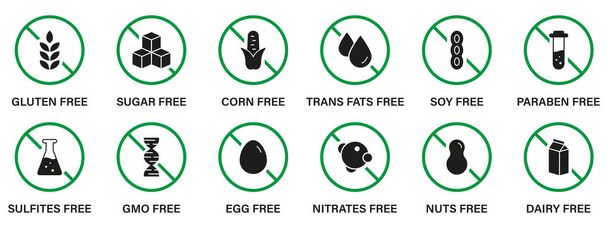 Free Allergen Ingredient Silhouette Black Icon Set. Forbidden Symbol of GMO, Trans Fat, Sugar, Soy, Egg, Gluten, Corn, Dairy, Sugar, Milk, Paraben and Nitrates. Isolated Vector Illustration - Vector, Imagen