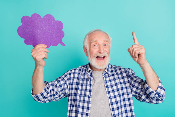 Portrait of funny grandparent point finger brilliant excellent choice isolated on turquoise color background - 写真・画像