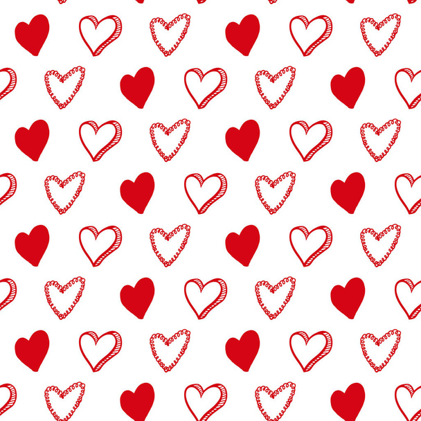 Cute hand drawn Valentine's hearts seamless pattern. Decorative doodle love heart shape in sketch style. Scribble ink hearts icon for wedding design, wrapping, ornate and greeting cards. Romantic - Vector, Image