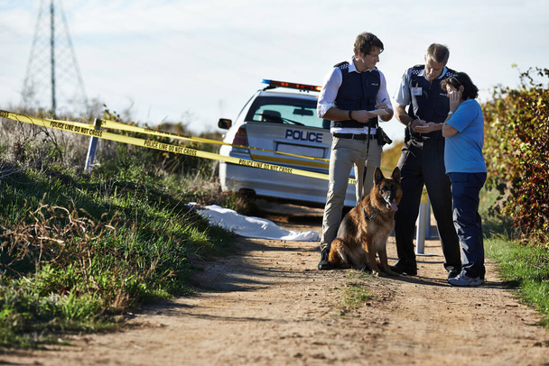 An unfortunate end. Shot of two policemen interviewing a woman at a crimescene. - Foto, afbeelding