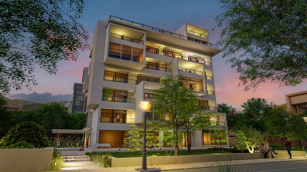 3D rendering of a modern upscale residential building at dusk - Foto, immagini