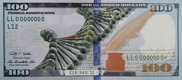 Ein Hundert-Dollar-Schein mit dem Abbild menschlicher DNA. - Foto, Bild