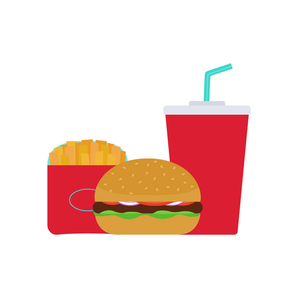 Fast food. Hamburger, patatine fritte e bevande. Isolato su sfondo bianco. Illustrazione vettoriale. - Vettoriali, immagini