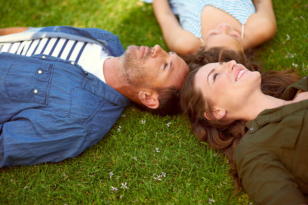 Час із сім'єю добре витрачається. Високий кутовий знімок молодої сім'ї, що лежить на траві зовні
. - Фото, зображення