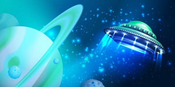 Alien Ufo Hintergrund mit Galaxienerkundungssymbolen realistische Vektorillustration - Vektor, Bild