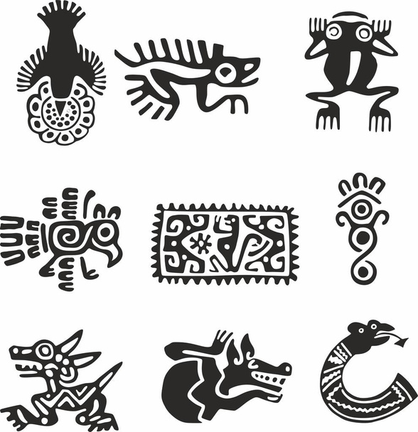 Vektor-Set monochromer indischer Symbole. Nationales Ornament der Ureinwohner Amerikas, Azteken, Maya, Inkas. - Vektor, Bild
