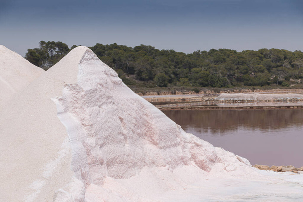 Salt production in seawater saline, close-up of hills of salt in a salt water saline area - Foto, imagen
