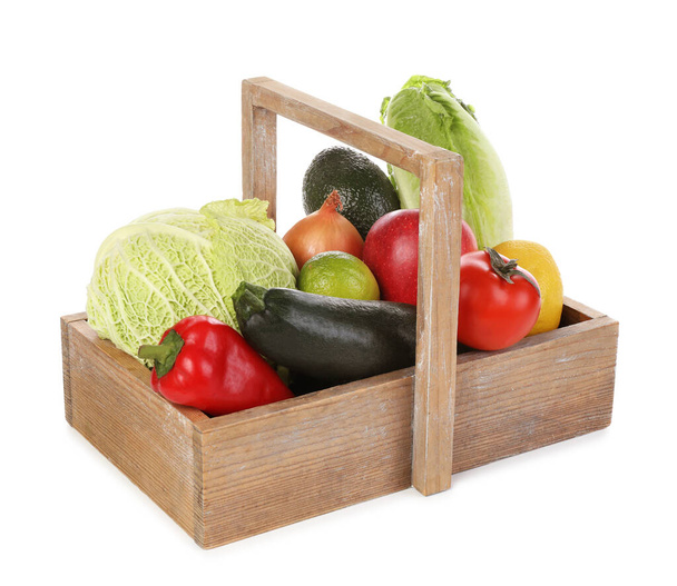 Fresh ripe vegetables and fruits in wooden crate with handle on white background - Foto, imagen