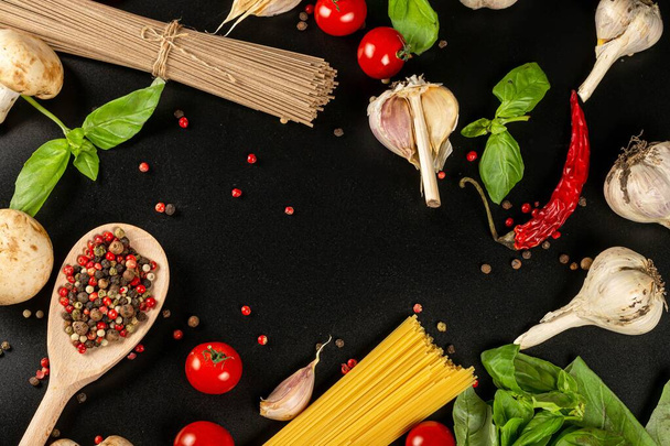 Food background with ingredients for cooking spaghetti or noodle - Фото, изображение