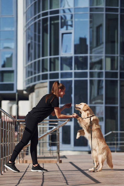 Young positive woman have fun and doing tricks with her dog when have a walk outdoors near business building. - Φωτογραφία, εικόνα