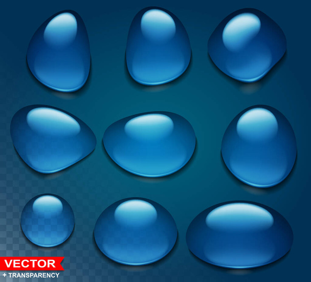 Photorealistic detailed blue big water drops. Cartoon style. Transparent layered vector. - Vektör, Görsel