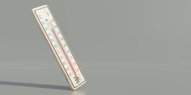 High temperature, hot weather, heat danger. Thermometer reaching 100 degree Fahrenheit scale on grey color background, copy space. 3d render - Фото, изображение