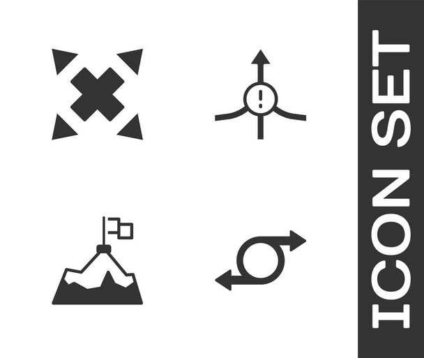 Impostare freccia, molti modi freccia direzionale, Montagne con bandiera e icona. Vettore - Vettoriali, immagini