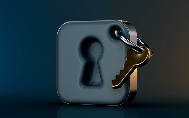 lock and key icon on dark background 3d render concept for privacy and security of house bank - 写真・画像