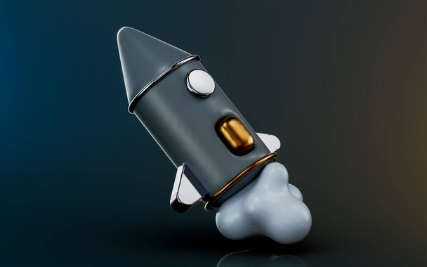 ícone de lançamento de foguete no fundo escuro 3d renderizar conceito para espaço voador em torno dos planetas - Foto, Imagem