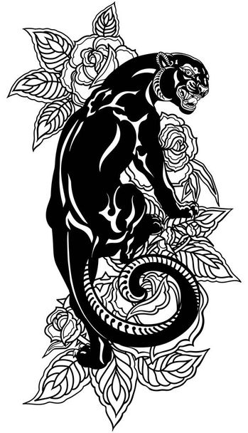 Pantera rugiente subiendo y floreciendo rosas. Leopardo negro enojado. Ilustración vectorial estilo tatuaje aislado en blanco - Vector, Imagen