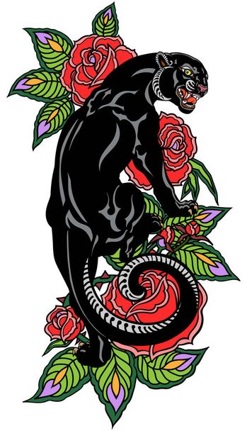 Panthère rugissante grimpant et fleurissant roses. Léopard noir en colère. Illustration vectorielle de style tatouage isolée sur blanc - Vecteur, image