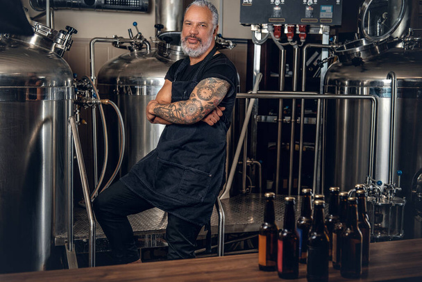 Senior man brewer posing around steel barrels in brewery - 写真・画像