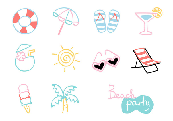 Colección de iconos de fiesta de playa - dibujado a mano - Vector, Imagen