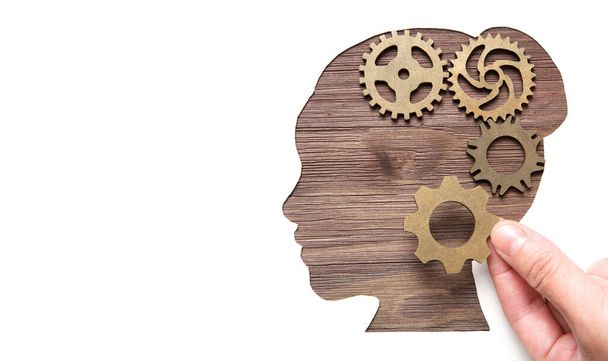 Hand assembling a gears mechanism inside a female head shape paper outline on a wooden background. Problem solving strategies. - Foto, Bild