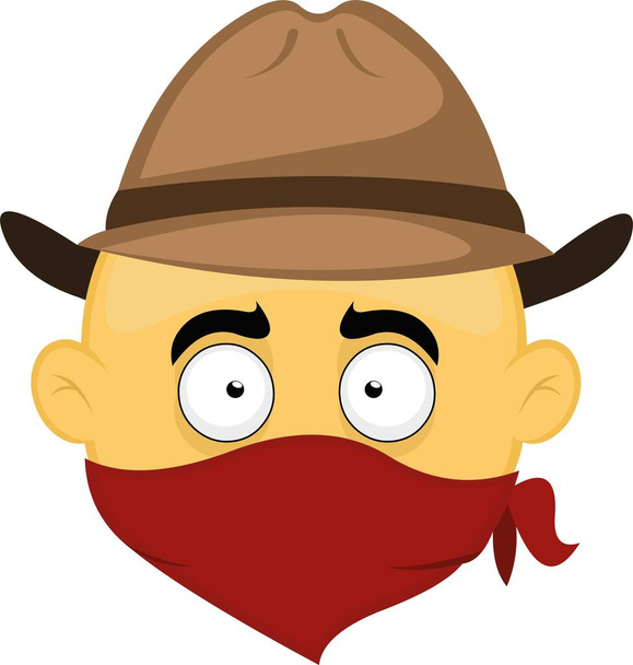 Vector illustration of the head of a yellow cartoon bandit character, with a cowboy hat and a red bandana on his face - Vector, Image